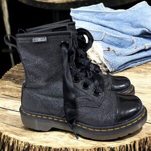 Dr. Martens Gracie Black Glitter Goth Girl Combat Satin Laced Boots Size 6